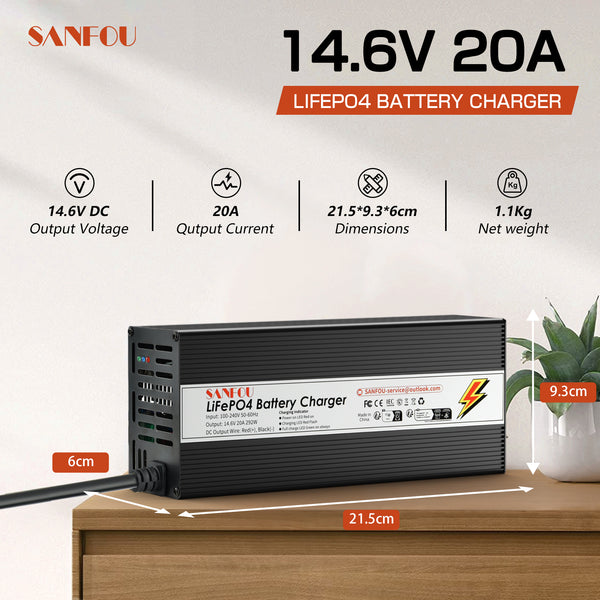 SANFOU 14.6V 20A LiFePO4 battery charger, 2-stage automatic intelligent LiFePO4 lithium battery charger Suitable for 12 V (12.8V) lithium batteries