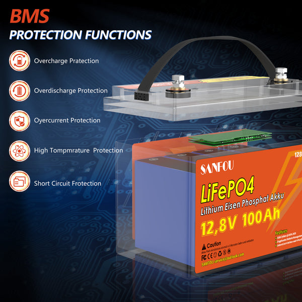 SANFOU 12.8V 100Ah LiFePO4 Battery, Built In 100A BMS
