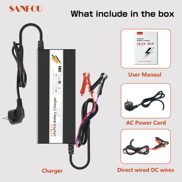 SANFOU 14.6V 20A LiFePO4 battery charger, 2-stage automatic intelligent LiFePO4 lithium battery charger Suitable for 12 V (12.8V) lithium batteries